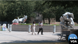 Twin sculptures, "Federal Triangle Flowers," by artist Stephen Robin, were installed at the Ronald Reagan Federal Building in Washington in 1997, photo taken July 13, 2023.