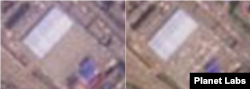 4월 18일(왼쪽)과 5월 1일에 촬영한 단둥 세관 야적장 모습. 텅 비어 있던 곳이 1일엔 물체로 가득하다는 사실을 알 수 있다. 사진=Planet Labs