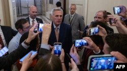 US House Speaker Kevin McCarthy speaks to reporters after arriving at the US Capitol in Washington, May 23, 2023.