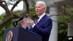 President Joe Biden speaks in the Rose Garden of the White House in Washington, Tuesday, May 14, 2024, announcing plans to impose major new tariffs on a range of Chinese imports. (AP Photo/Susan Walsh)