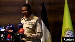 FILE - General Mohamed Hamdan Dagalo speaks during a press conference at Rapid Support Forces headquarters in Khartoum, Sudan, Feb. 19, 2023. 