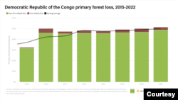 The primary forest loss in the Democratic Republic of Congo 2002-2022, in hectares.