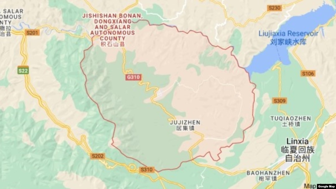 谷歌地图显示的积石山县地理位置。