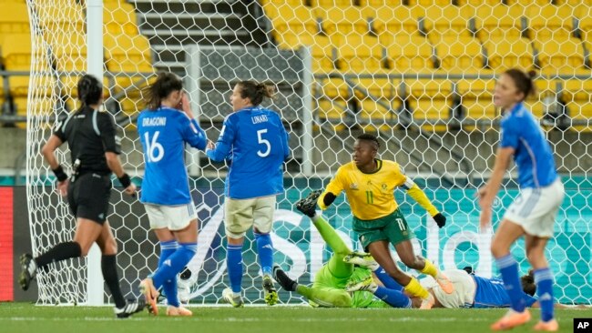 South Africa's Thembi Kgatlana celebrates after scoring her side's third goal during the Women's World Cup Group G soccer match between South Africa and Italy in Wellington, Aug. 2, 2023.