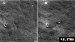 Kombinovana slika NASA prikazuje površinu Meseca 27. juna 2020. i 24. avgusta 2023, pre i posle pojave kratera, verovatno mesta udara ruske misije Luna-25.