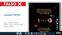 En una conversación de TikTok se asegura que el exlíder opositor Juan Guaidó, ofreció a Edmundo González, candidato a la presidencia de Venezuela, recursos de EEUU a cambio de ser "más visible", pero esto es falso. Diseño: Mila Cruz