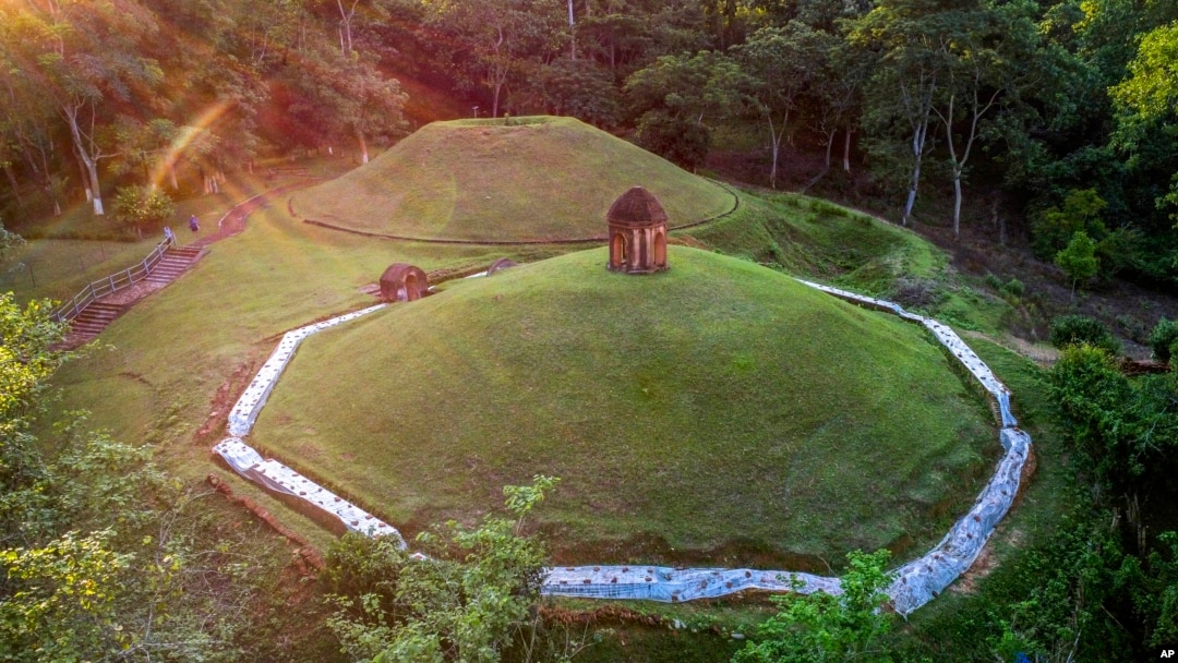 FILE - An aerial view of the Moidams burial mounds in Charaideo, in upper Assam, India, Sept. 27, 2022. The Charaideo Moidam royal burial complex and shrines, built by northeast India's Ahom dynasty, has been inscribed as a new World Heritage Site.