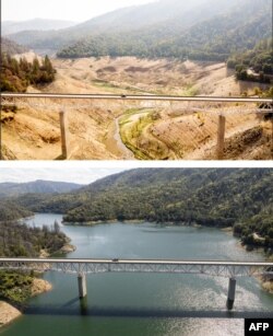 This aerial combination photo created on April 17, 2023, shows a car crossing the Enterprise Bridge at Lake Oroville in Oroville, California, on Sept. 5, 2021 (top), and on April 16, 2023 (below).