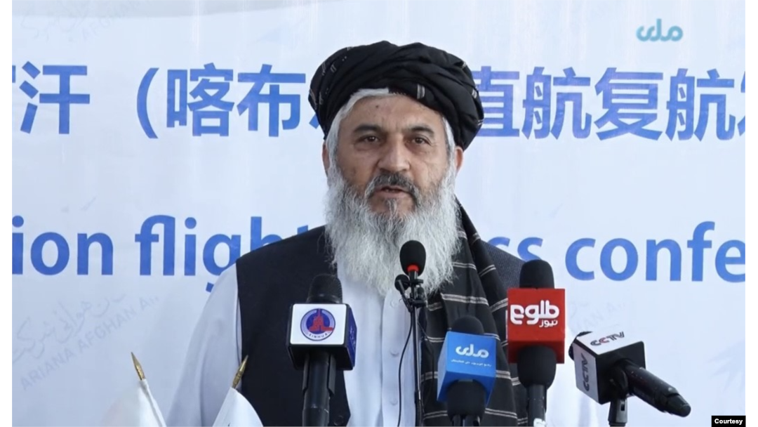 Taliban deputy minister for civil aviation, Ghulam Jilani Wafa, hailed the resumption of Afghan flights to China, May 24, 2023. (Official Afghan TV Screenshot)