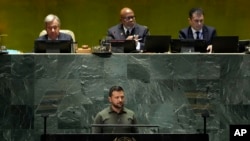 Ukraine's President Volodymyr Zelenskyy speaks to the 78th session of the United Nations General Assembly in New York, Sept. 19, 2023.