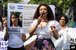 Arantza Rivas, a transgender woman, speaks during a protest in front of Congress, in San Salvador, El Salvador, May 17, 2023.