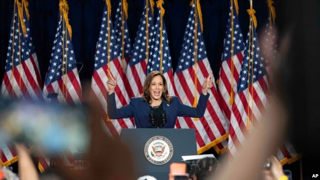 Vice President Kamala Harris campaigns for President as the presumptive Democratic candidate during an event at West Allis Central High School, in West Allis, Wisconsin, July 23, 2024.