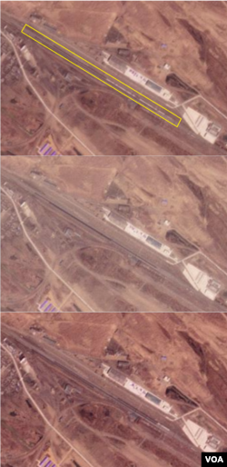 북러 접경 지역 북한 쪽 지대의 7일과 8일, 9일(위에서 아래로)의 모습. 7일 열차 여러 대(사각형 안)가 포착된 이후 계속해서 열차의 대수와 위치가 변한다. 사진=Planet Labs