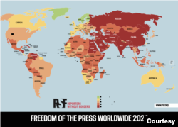 Qanchalik qizil bo'lsa, mamlakatda matbuot shunchalik cheklangan. "Chegara bilmas muxbirlar" tashkilotining 2024-yilgi reytingi.