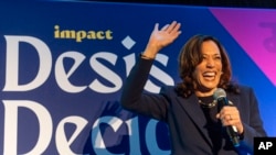 FILE - Vice President Kamala Harris arrives to speak during the Indian American Impact Project's Annual Summit in Washington, May 15, 2024. At the summit, she credited Indian Americans and Asian Americans with helping to get two Democratic senators elected in 2020 and 2021. 