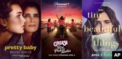 Kombinasi foto promosi film pada layanan streaming. Dari kiri, "Pretty Baby: Brooke Shields" (Hulu); "Grease: Rise of the Pink Ladies" (Paramount+), dan "Tiny Beautiful Things" (Hulu). (Hulu/Paramount+/Hulu via AP)