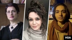 در گزارش انجمن قلم آمریکا، (از راست) زهرا محمدی، مونا برزویی و نسرین ستوده به عنوان نویسندگانی که زندان و بازداشت شده‌اند، یاد شده است. 
