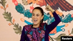 Claudia Sheinbaum, the presidential candidate of the ruling MORENA party, reacts as she addresses her supporters after winning the election, in Mexico City, Mexico, June 3, 2024.
