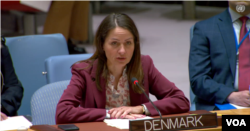 11일 유엔 안전보장이사회 회의에서 크리스티나 라센 주유엔 덴마크 대사가 덴마크와 스웨덴, 노르웨이, 핀란드, 아이슬란드 등 노르딕 5국을 대표해 발언하고 있다.