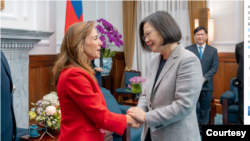 2024年4月24日，台湾总统蔡英文在台北会晤到访的美国会众议院跨党派议员访问团，与众议员麦卡琳（Lisa McClain）握手。（图片来自蔡英文推特)