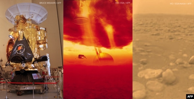 Слева направо: фото аппарата «Кассини» с прикрепленным слева зондом «Гюйгенс»; процесс спуска «Гюйгенса» через атмосферу Титана в представлении художника; фото, сделанное зондом «Гюйгенс» на поверхности Титана.