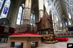 The Stone of Destiny is seen during a welcome ceremony ahead of the coronation of Britain's King Charles III, in Westminster Abbey, London, April 29, 2023.