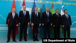 From left, the top diplomats of Kyrgyzstan, Tajikistan, the United States, Kazakhstan, Turkmenistan and Uzbekistan are pictured at the U.S.-Central Asia (C5+1) foreign ministerial meeting in Astana, Kazakhstan, Feb. 28, 2023. (State Department)