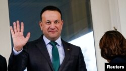 FILE - Irish Prime Minister Leo Varadkar waves from the US Naval Observatory in Washington, March 15, 2024. 