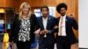 State Representative Gloria Johnson, left, Justin Jones, center, and Justin Pearson arrive at Fisk University, Tennessee, April 7, 2023.