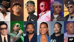 This combination of photos shows, top row from left, Big Daddy Kane, Chuck D, Doug E. Fresh, Jermaine Dupri, E40 and DJ Jazzy Jeff, bottom row from left, Kid Capri, Lil Jon, Method Man, Queen Latifah, Roxanne and Too Short.