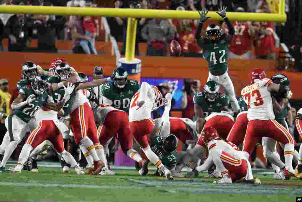 Kansas City Chiefs place kicker Harrison Butker (7) kicks the game-winning field goal during the second half of the NFL Super Bowl 57 football game against the Philadelphia Eagles, Feb. 12, 2023, in Glendale, Arizona.