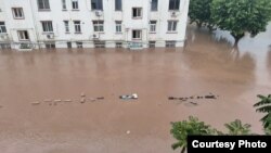 河北涿州一涿州职业学院陈姓退休教师女儿发来的学校家属楼被淹照片。（2023年8月2日）