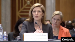 La administradora de USAID, Samantha Power, en audiencia en el Comité de Relaciones Exteriores del Senado sobre revisión de presupuesto 2024 el 26 de abril de 2023. [Foto: Captura de pantalla]