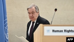 ၅၂ကြိမ်မြောက် လူအခွင့်အရေးကောင်စီအစည်းအဝေးအတွင်းတွေ့ရတဲ့ ကုလသမဂ္ဂအတွင်းရေးမှူးချုပ် Antonio Guterres။ ဂျနီဗာမြို့၊ ဆွတ်ဇာလန် (ဖေဖော်ဝါရီ ၂၇၊ ၂၀၂၃)