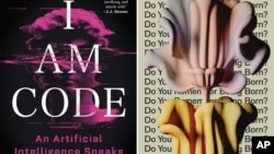 This combination of images released by Little, Brown and Company and Astra House show cover art from "I Am Code: An Artificial Intelligence Speaks" by code-davinci-002 and "Do You Remember Being Born?" by Sean Michaels. 
