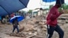 People cross a makeshift bridge over floodwaters in Chimkwankhunda in Blantyre on March 14, 2023, following Cyclone Freddy's landfall. 