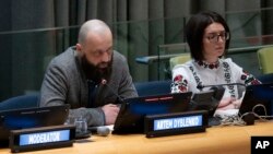 Artem Dyblenko, a Ukrainian soldier who fought in Mariupol and who spent more than four months as a Russian prisoner of war, speaks at the United Nations headquarters in New York about human rights violations, Feb. 22, 2023.
