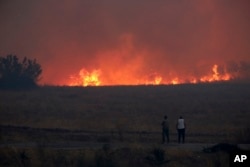 People watch the flames during a wildfire near the northeastern town of Alexandroupolis, Greece, Aug. 20, 2023.