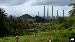 A woman leads her goats as Suralaya coal power plant looms in the background in Cilegon, Indonesia, Sunday, Jan. 8, 2023. (AP Photo/Dita Alangkara)