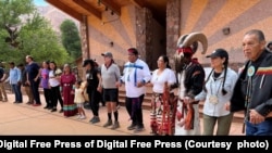Interior Secretary Deb Haaland (2nd from right.) participates in a traditional Havasupai dance during a visit to the village of Supai, Arizona, May 22, 2023,