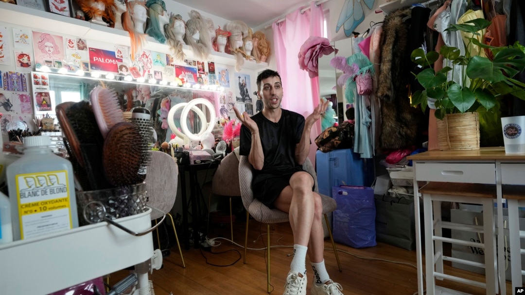 Hugo Bardin who performs as the drag queen Paloma speaks during an interview with The Associated Press in Paris, France, July 31, 2024. 