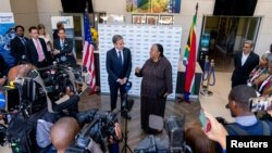 U.S. Secretary of State Antony Blinken and South Africa's Foreign Minister Naledi Pandor speak to members of the media after attending a Women's Day Event in Pretoria, South Africa, August 9, 2022.