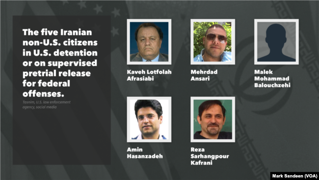 تصویری که نشان می دهد پنج شهروند ایرانی غیرآمریکایی در بازداشت آمریکا یا تحت نظارت پیش از محاکمه برای جرایم فدرال هستند.