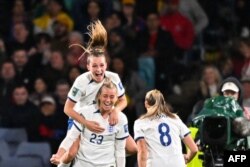 England's forward #23 Alessia Russo celebrates scoring her team's second goal during the Australia and New Zealand 2023 Women's World Cup quarter-final football match between Colombia and England at Stadium Australia in Sydney, Aug. 12, 2023.