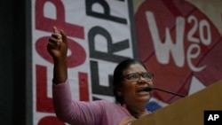 Dayamani Barla, an activist from Adivasi-Moolvasi Astitva Raksha Manch, speaks during a 'People's Summit on G20' in New Delhi, Aug. 18, 2023.