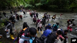 Migran, kebanyakan warga Venezuela, menyeberangi sungai saat melewati Darien Gap dari Kolombia ke Panama, berharap bisa mencapai AS, 15 Oktober 2022. (Foto: AP)