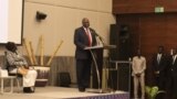 FILE - South Sudan First Vice President Riek Machar addresses the International Conference on Women's Transformational Leadership attended by more than 400 women leaders from across Africa, in Juba, South Sudan, Feb. 15, 2023. (VOA/Juliana Siapai)