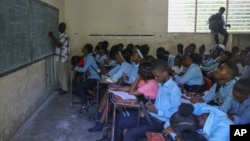 Students attend a math class at the Jean Marie Vincent High School in Port-au-Prince, Haiti, July 25, 2024. Yasmine Sherif of the U.N. global fund Education Cannot Wait announced on July 26, 2024, a $2.5 million grant to help Haitian schoolchildren.