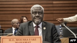 Moussa Faki Mahamat, the Chairperson of the African Union (AU) Commission and Antonio Guterres (not seen), United Nation (UN) Secretary-General, hold a bilateral meeting at the Africa Union headquarters in Addis Ababa, Ethiopia, on February 17, 2023