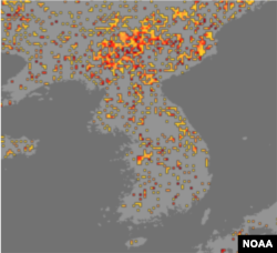 4월 24~30일 주간의 한반도 가뭄 지수를 보여주는 미 해양대기청(NOAA)의 위성자료. '심각'을 나타내는 검붉은색 점을 북한 곳곳에서 볼 수 있다. 자료=NOAA